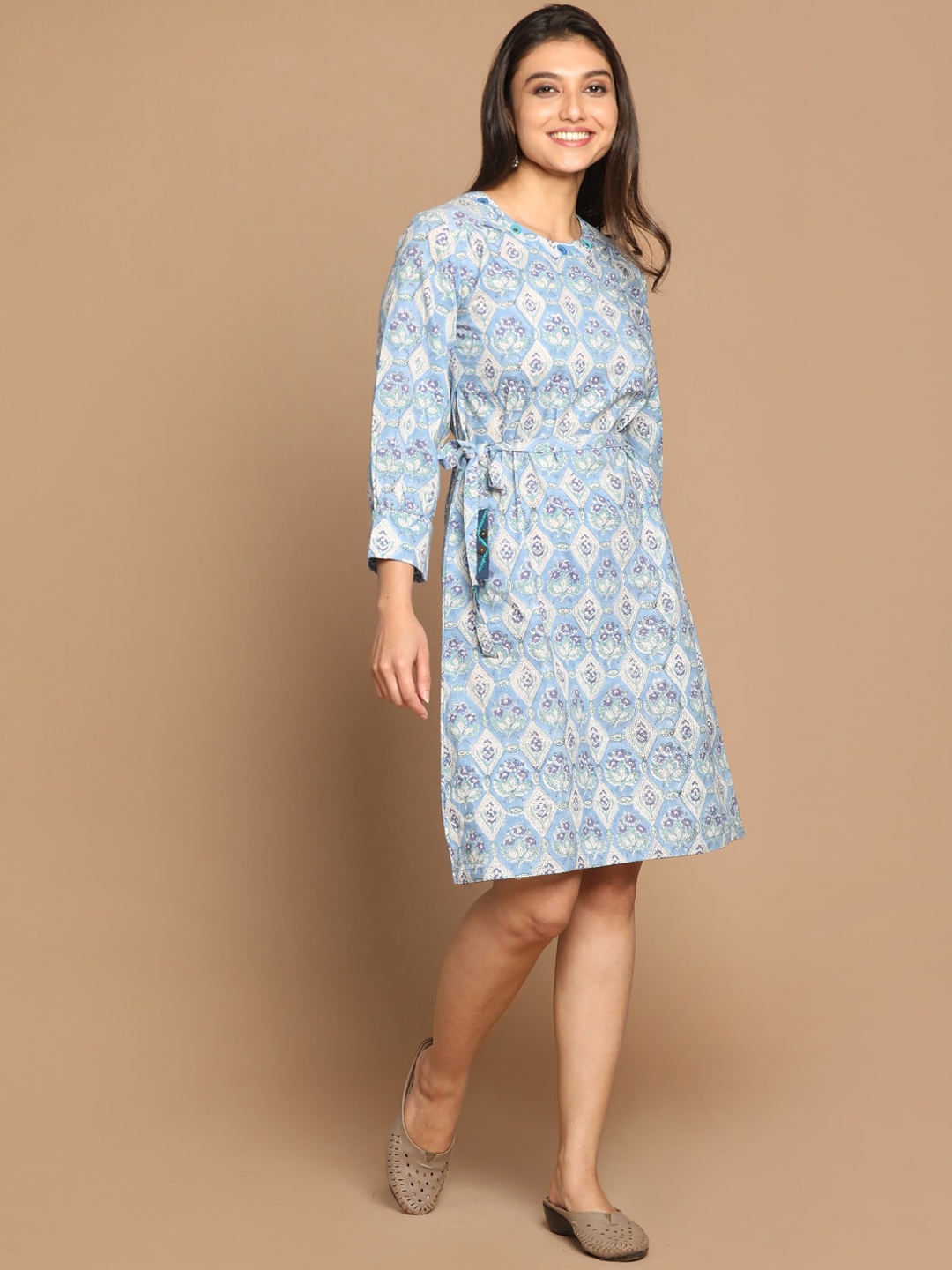 

Earthwear Blue Block Printed Cotton Dress with Mirror Detailing