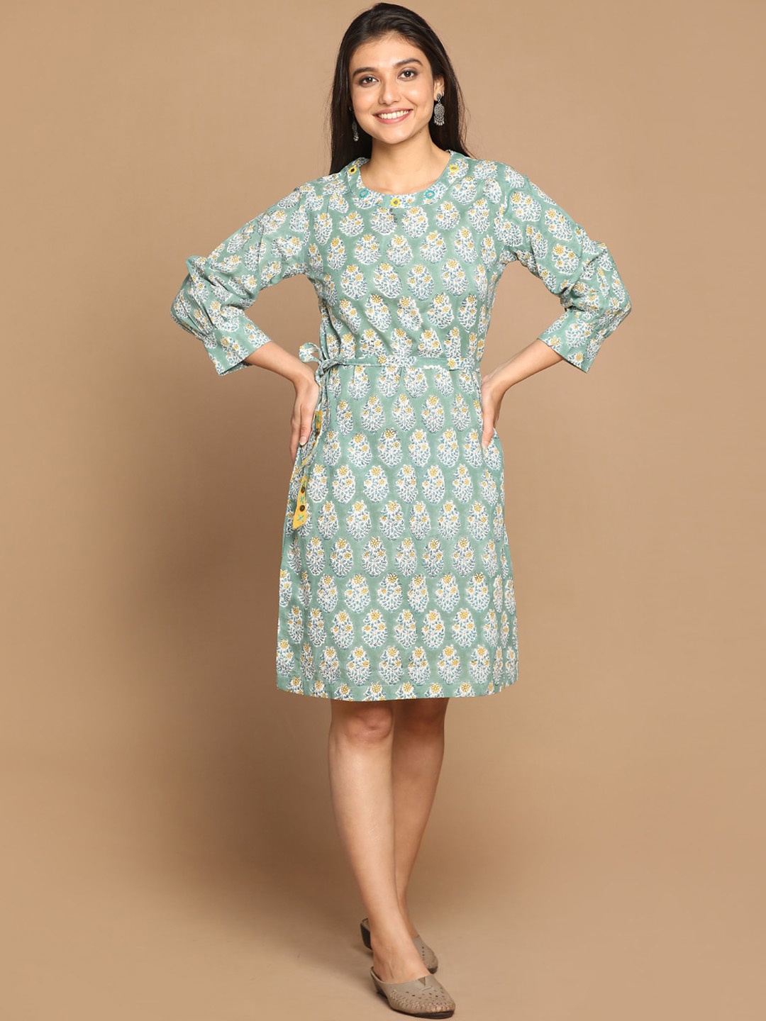 

Earthwear Green Block Printed Cotton Dress with Mirror Detailing