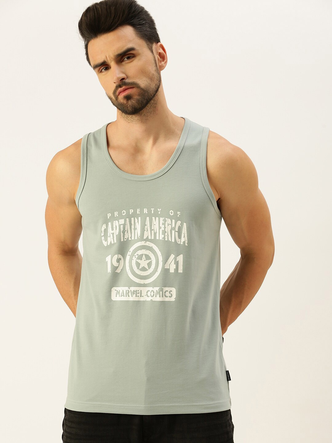 VEIRDO Marvel & Avenger Men Grey & White Typography Captain America Printed T-shirt