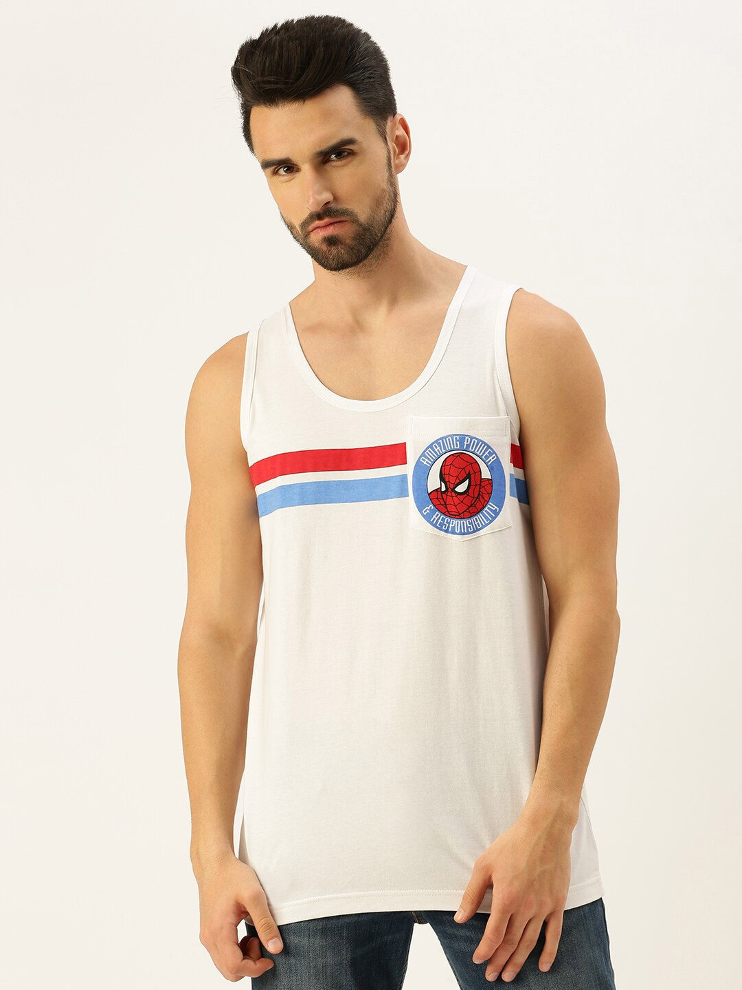 

VEIRDO Men White & Red Spider-Man Printed Sleeveless Cotton T-shirt