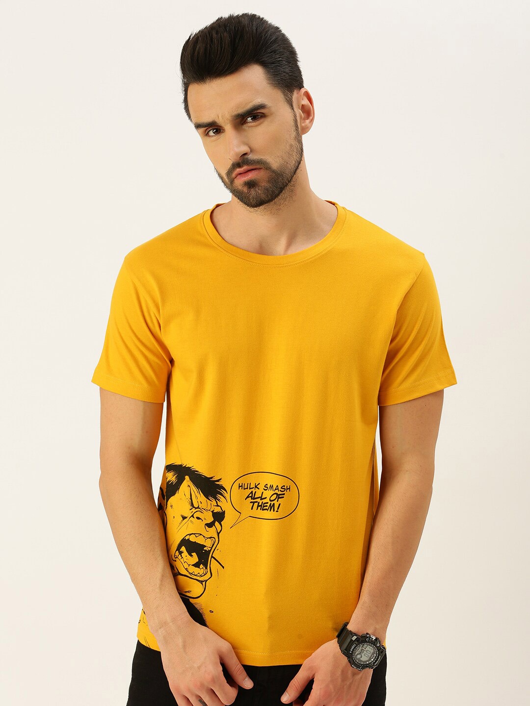 

VEIRDO Men Yellow Hulk Printed Cotton T-shirt
