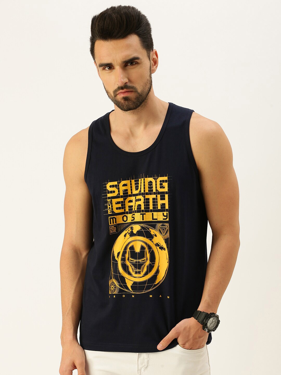 

VEIRDO Men Navy Blue & Yellow Iron Man Printed T-shirt