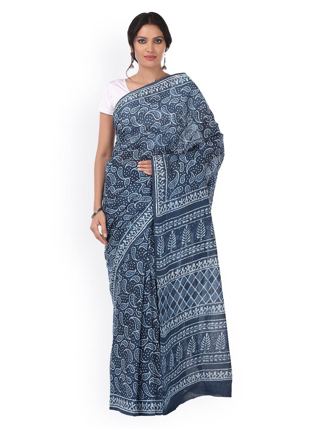 

Kalakari India Indigo Dabu Hand Block Cotton Sustainable Saree, Blue