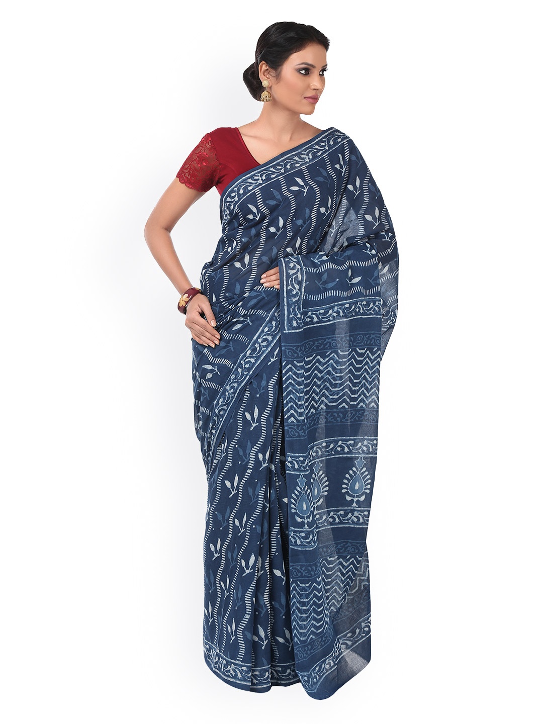 

Kalakari India Indigo Dabu Hand Block Print Handcrafted Cotton Sustainable Saree, Blue