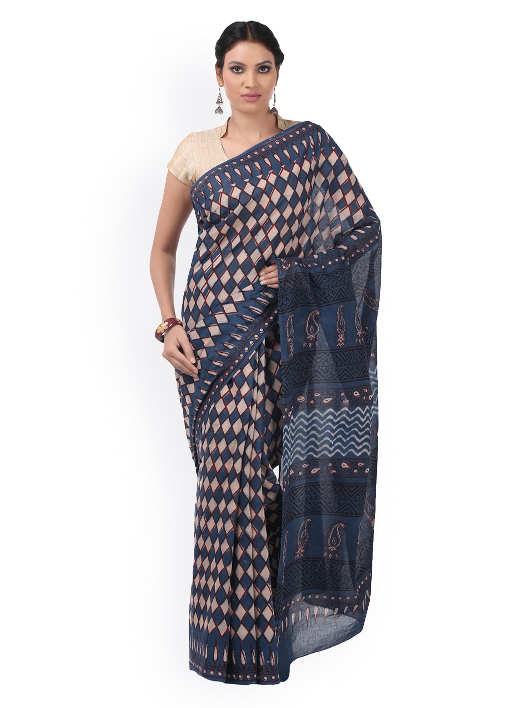 

Kalakari India Indigo Tarapur Hand Block Print Handcrafted Cotton Sustainable Saree, Blue