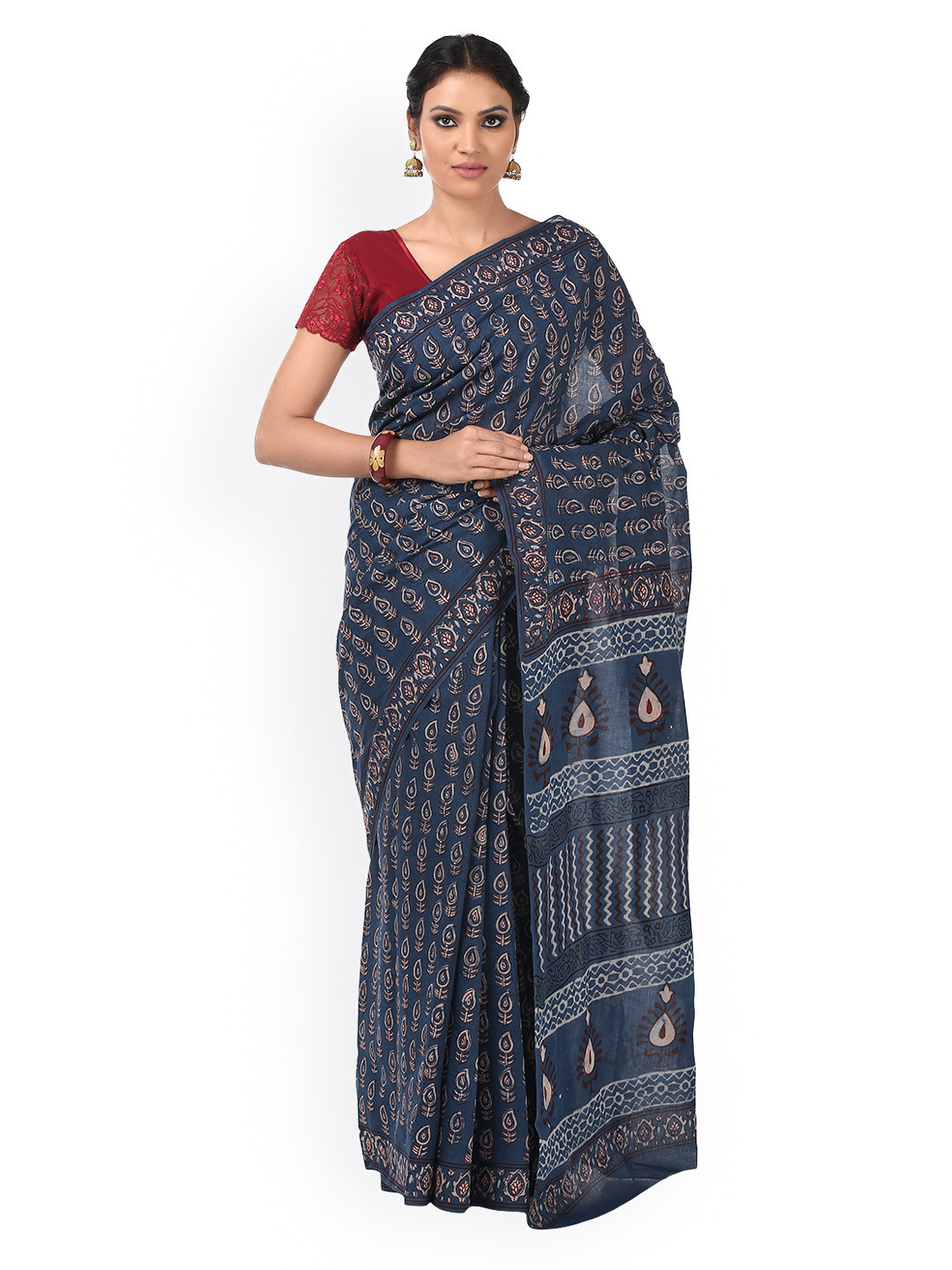 

Kalakari India Blue & Beige Pure Cotton Printed Block Print Sustainable Saree