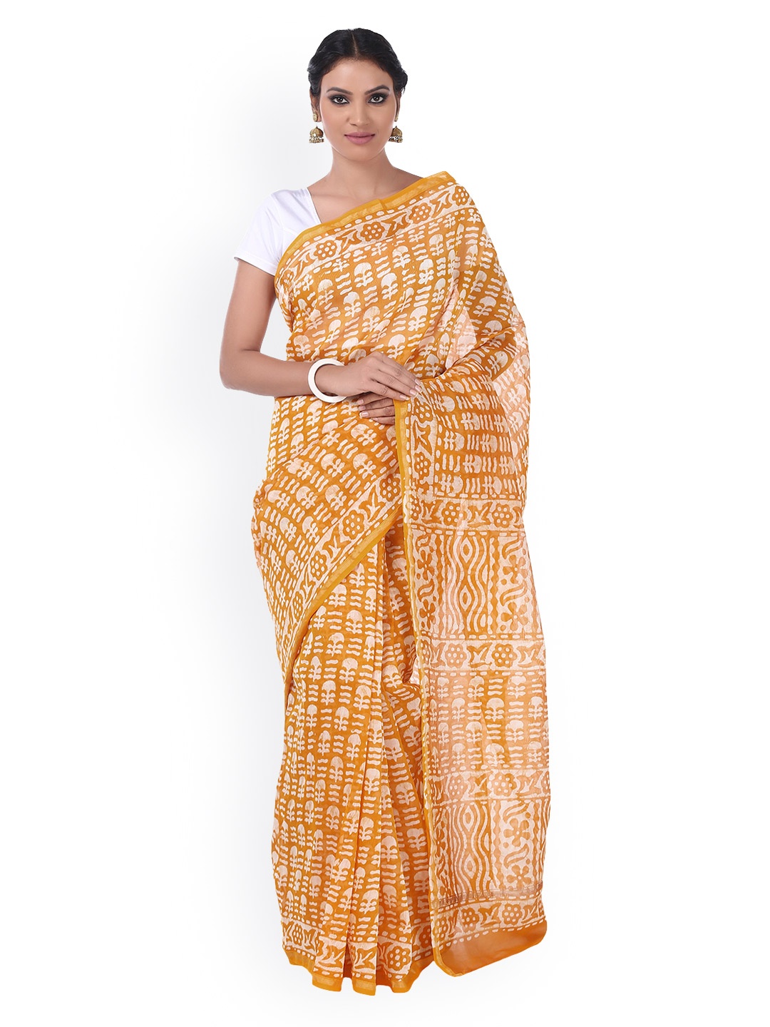 

Kalakari India Orange & White Chanderi Silk Dabu Hand Block Print Handcrafted Sustainable Saree