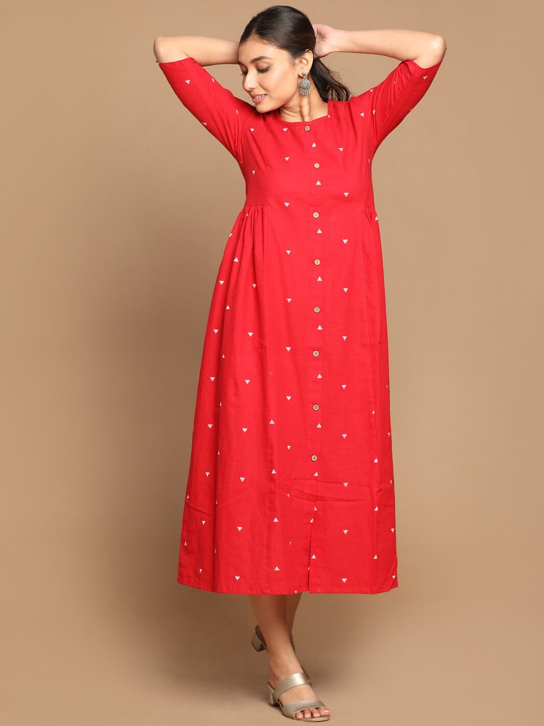 

Earthwear Women Red Geometric Printed Dobby Cotton A-Line Kurta