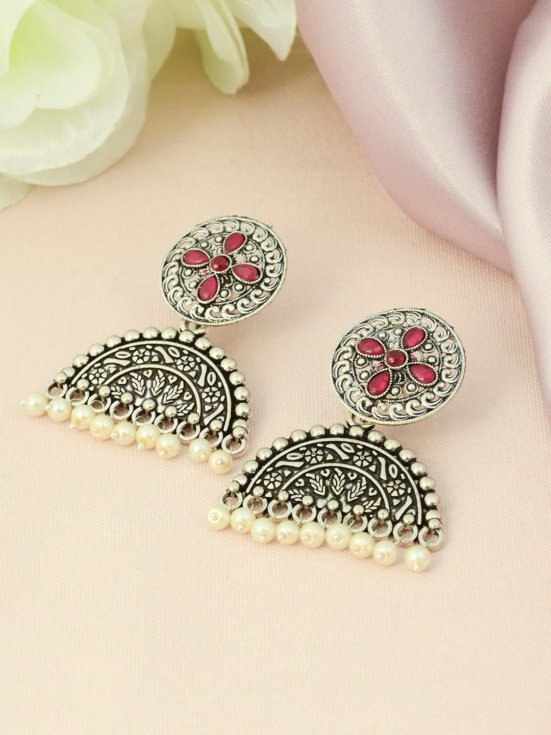 

Urmika Silver-Toned & Red Classic Drop Earrings