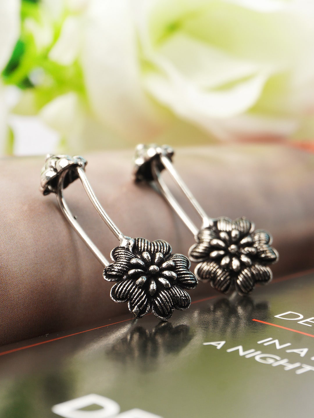 

Urmika Silver-Toned Floral Drop Earrings