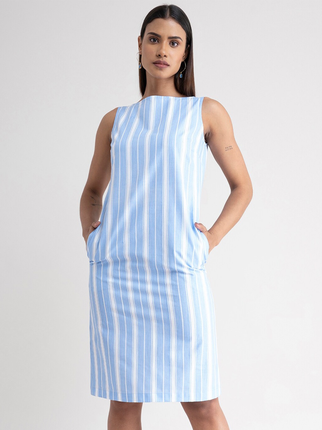 

FableStreet Blue & White Striped Linen Sheath Dress