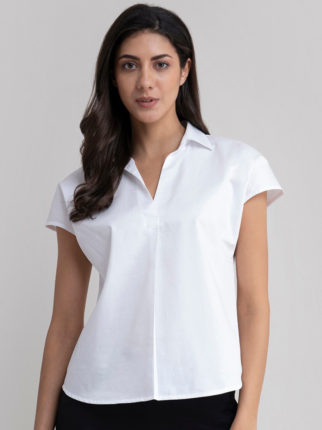 

FableStreet Women White Solid Shirt Style Cotton Formal Top