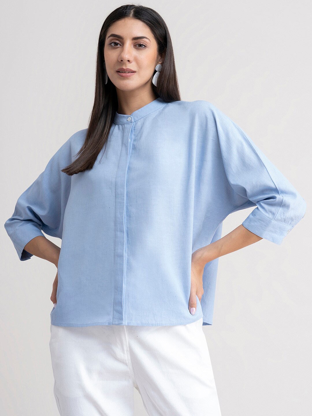 

FableStreet Blue Mandarin Collar Linen Shirt Style Top