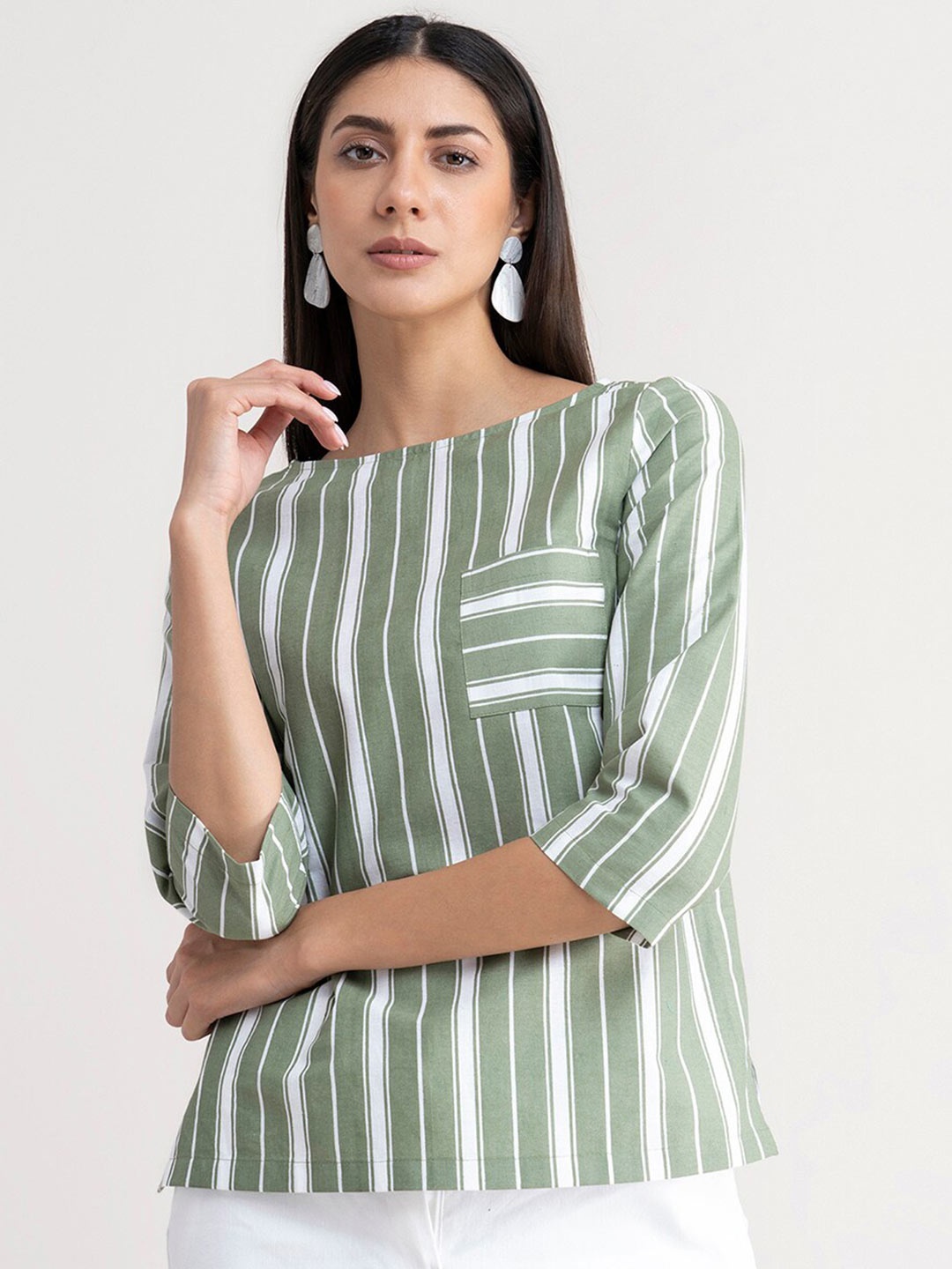 

FableStreet Olive Green & White Striped Linen Top