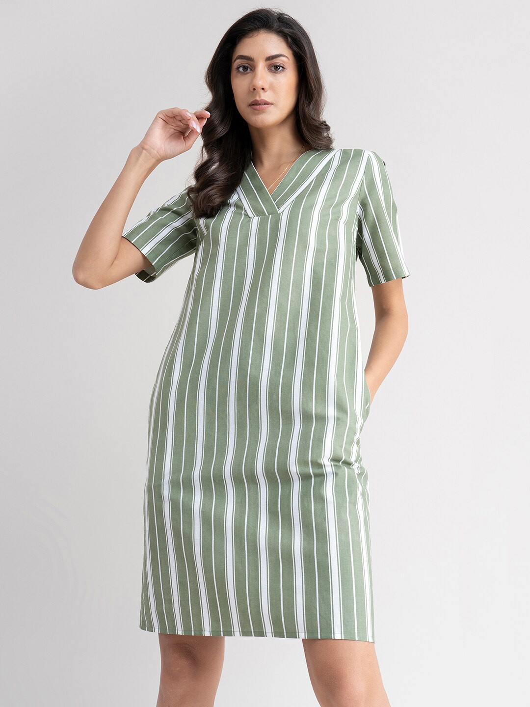 

FableStreet Olive Green & White Striped Linen Formal A-Line Dress