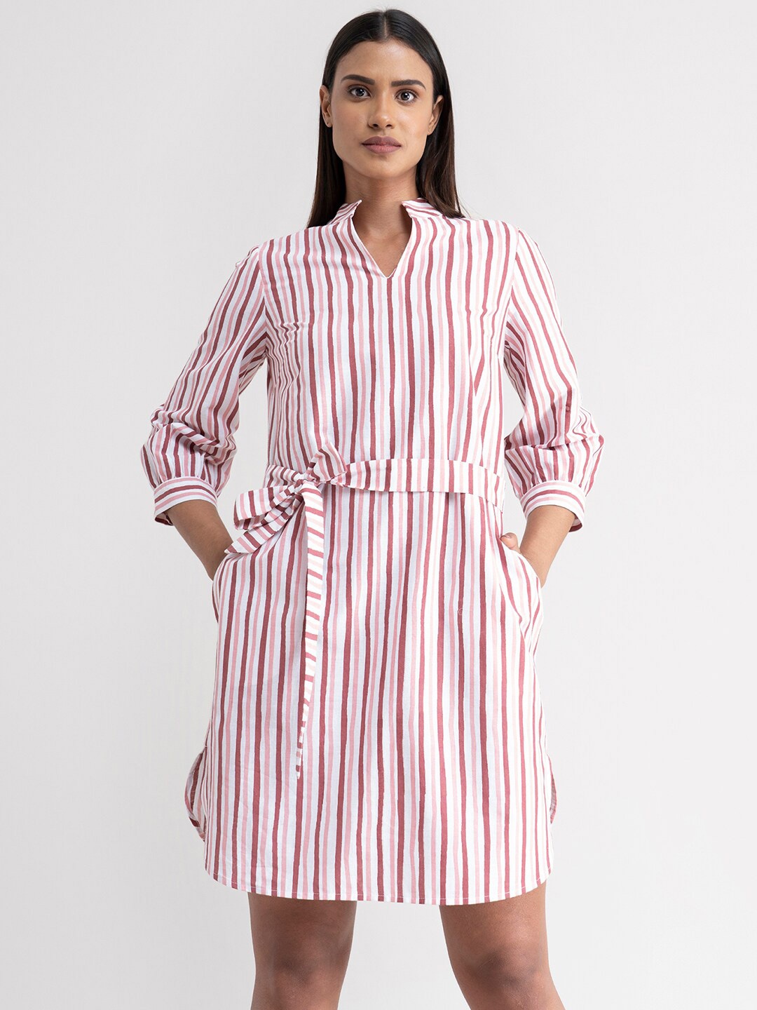 

FableStreet Pink Striped Linen A-Line Dress