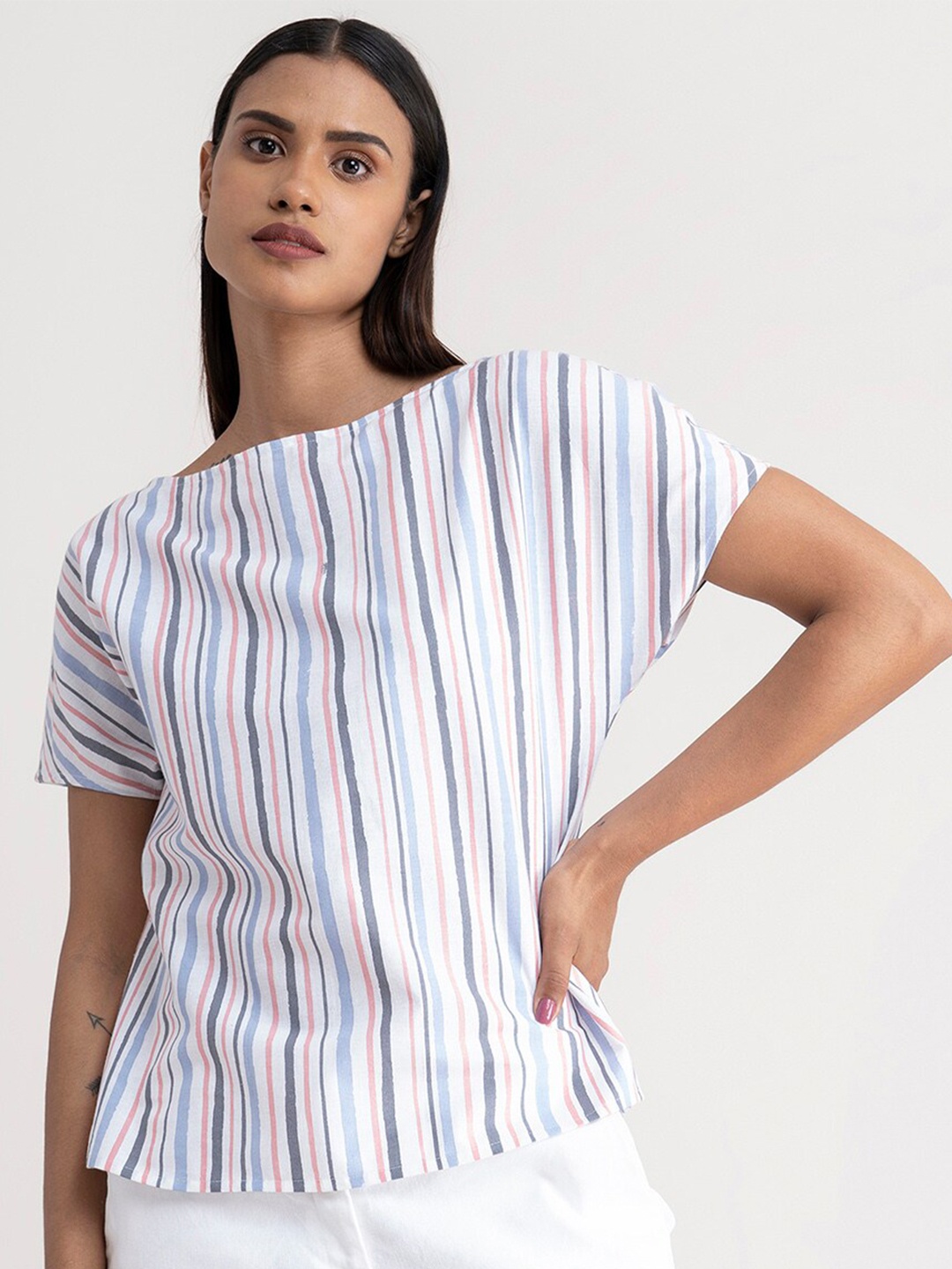 

FableStreet Multicoloured Striped Extended Sleeves Linen Top, Multi