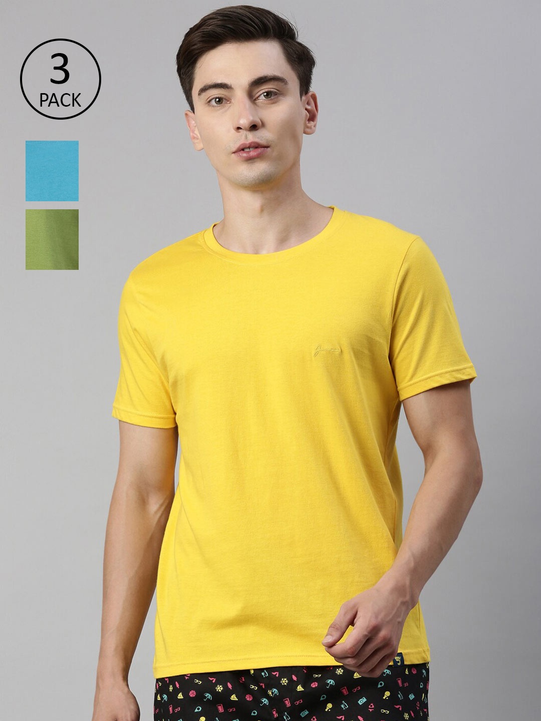 

Joven Men Yellow & Blue Pack Of 3 Slim Fit T-shirt