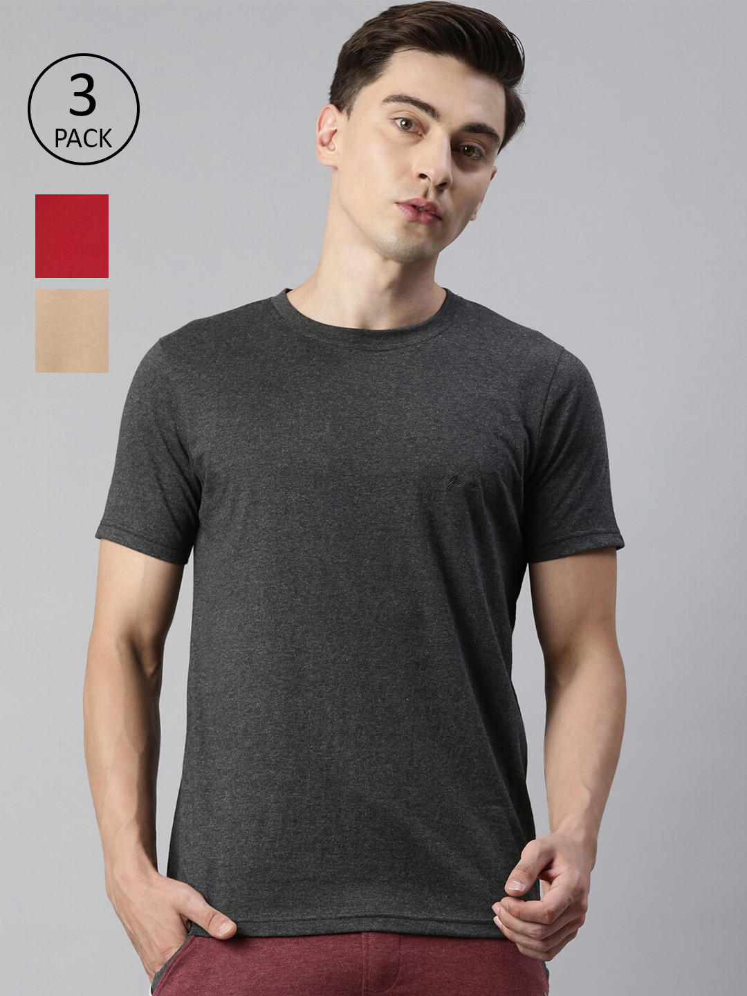 

Joven Pack of 3 Men Charcoal & Red Solid Cotton Bio Finish Slim Fit T-shirt
