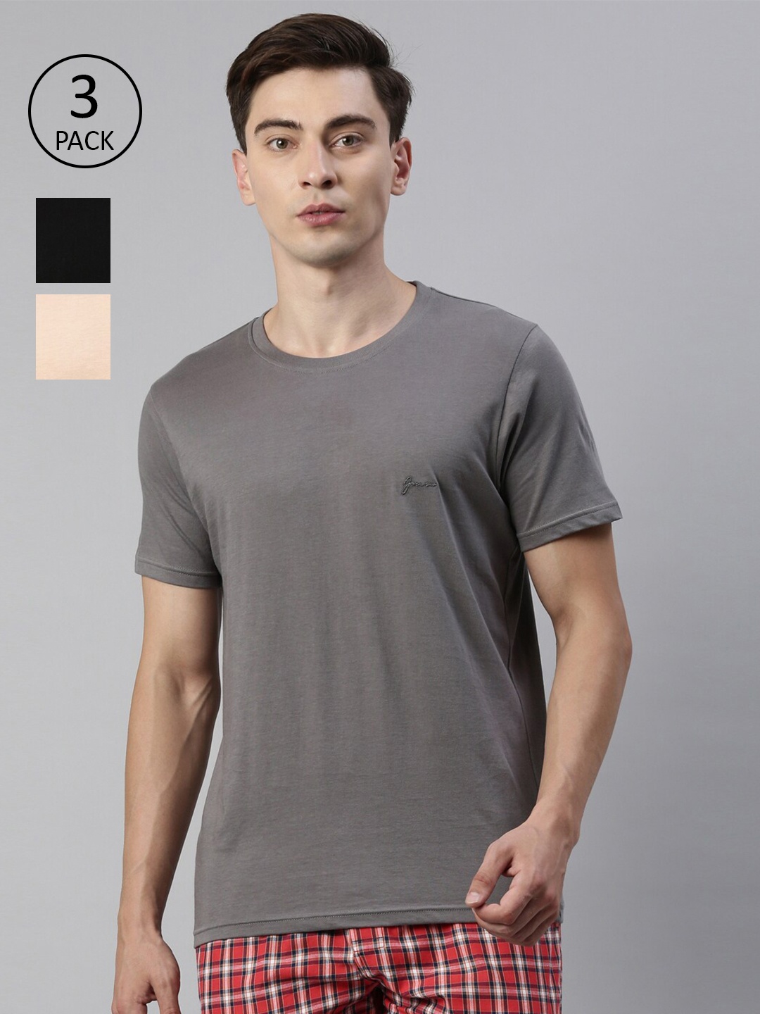 

Joven Men Grey & Peach-Coloured Pack of 3 Bio Finish Slim Fit T-shirt