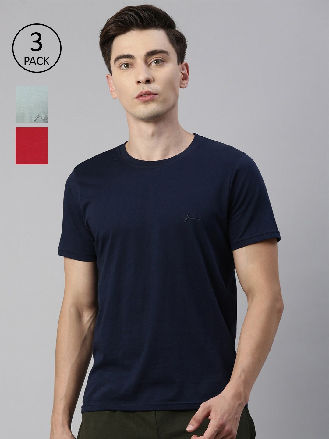 

Joven Men Set Of 3 Navy Blue & Red Bio Finish Slim Fit T-shirt