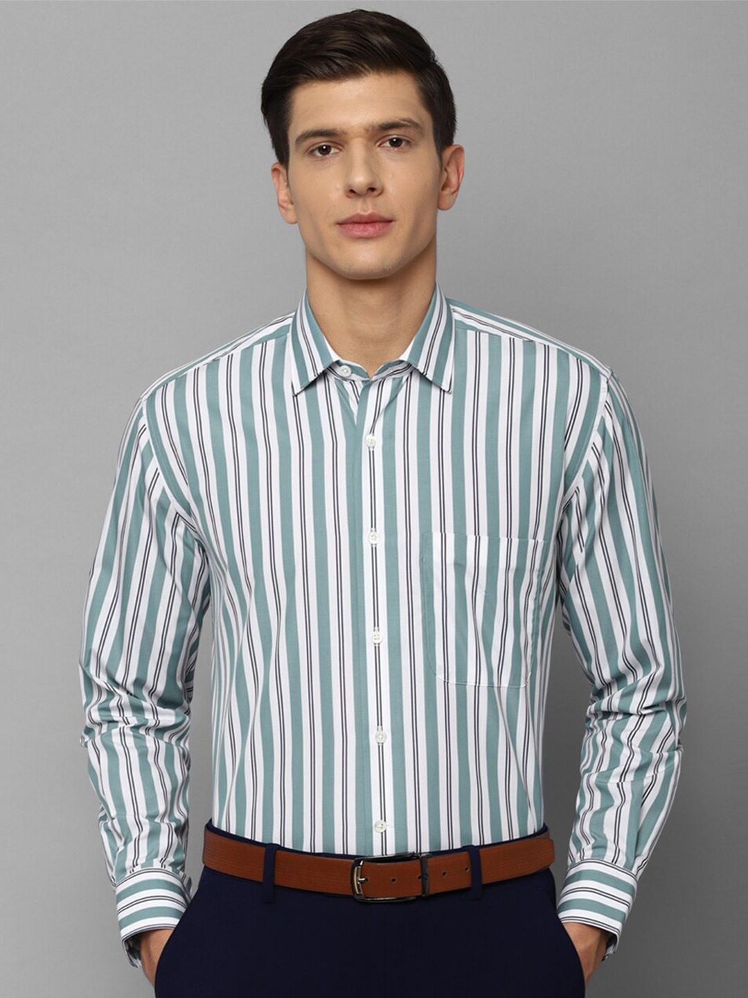 

Luxure by Louis Philippe Men Green Striped Formal Shirt