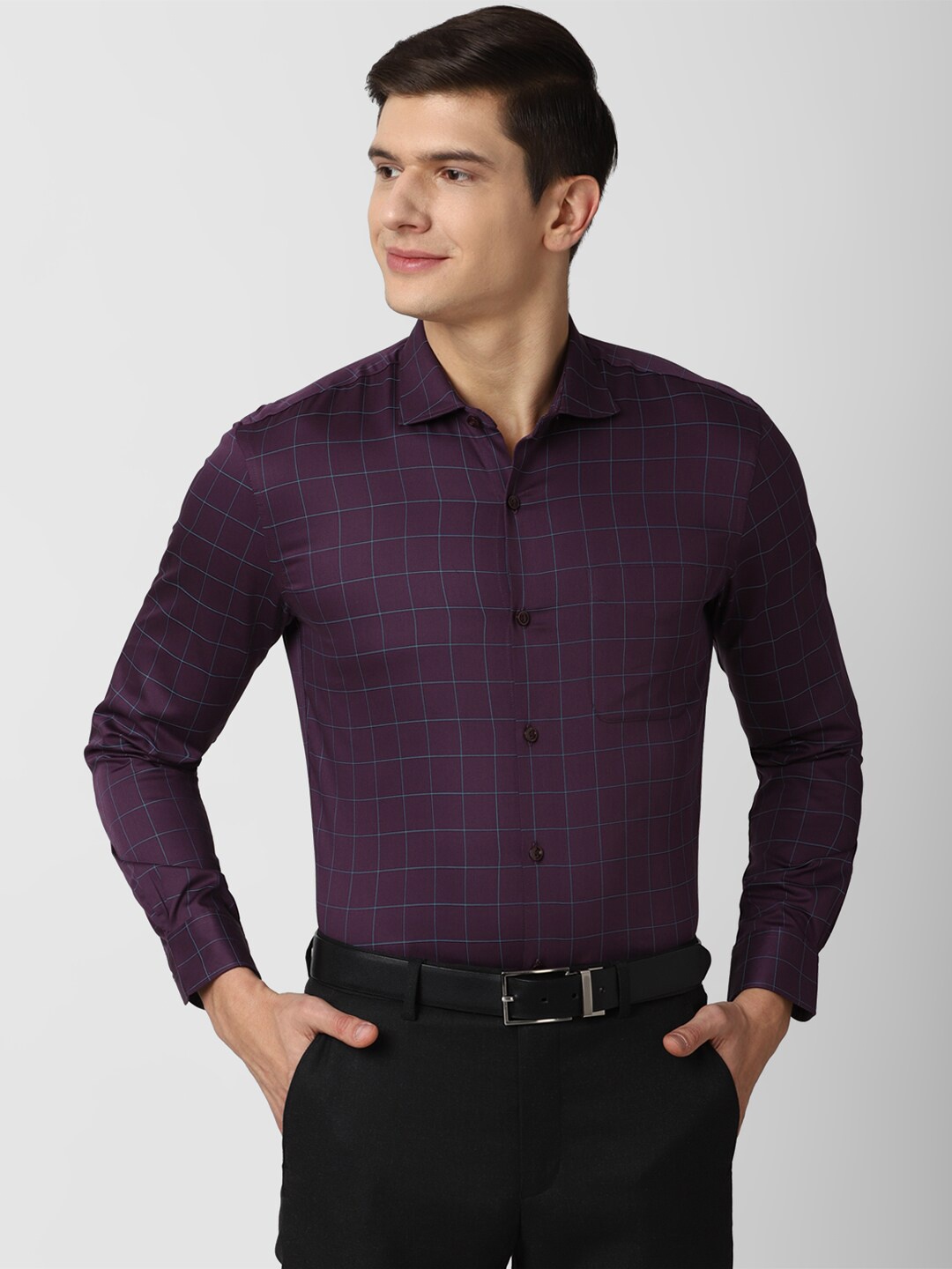 

Peter England Elite Men Purple Slim Fit Grid Tattersall Checks Checked Formal Shirt
