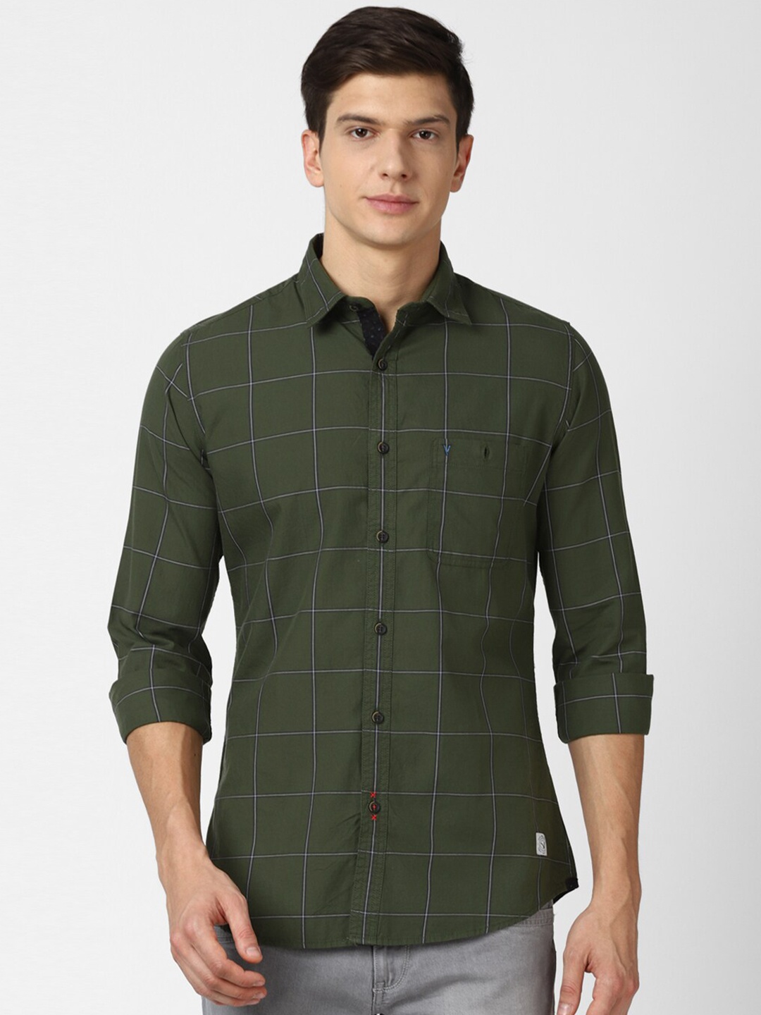 

VAN HEUSEN DENIM LABS Men Olive Green Slim Fit Checked Casual Shirt