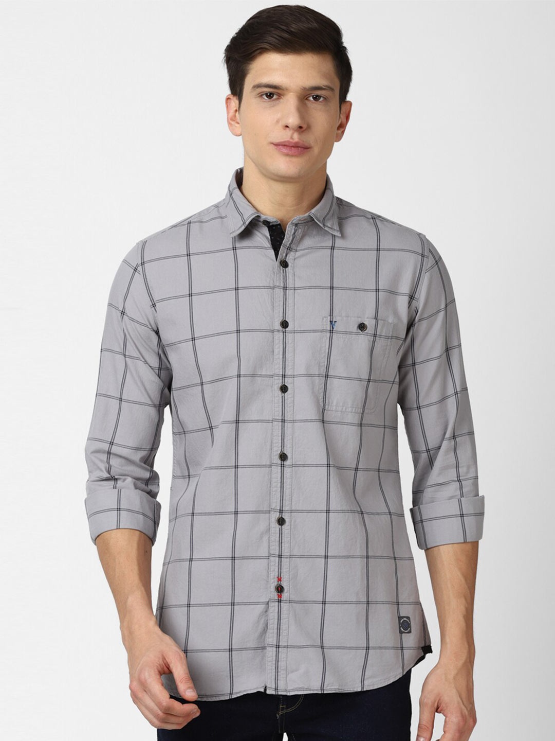 

VAN HEUSEN DENIM LABS Men Grey Slim Fit Windowpane Checked Cotton Casual Shirt