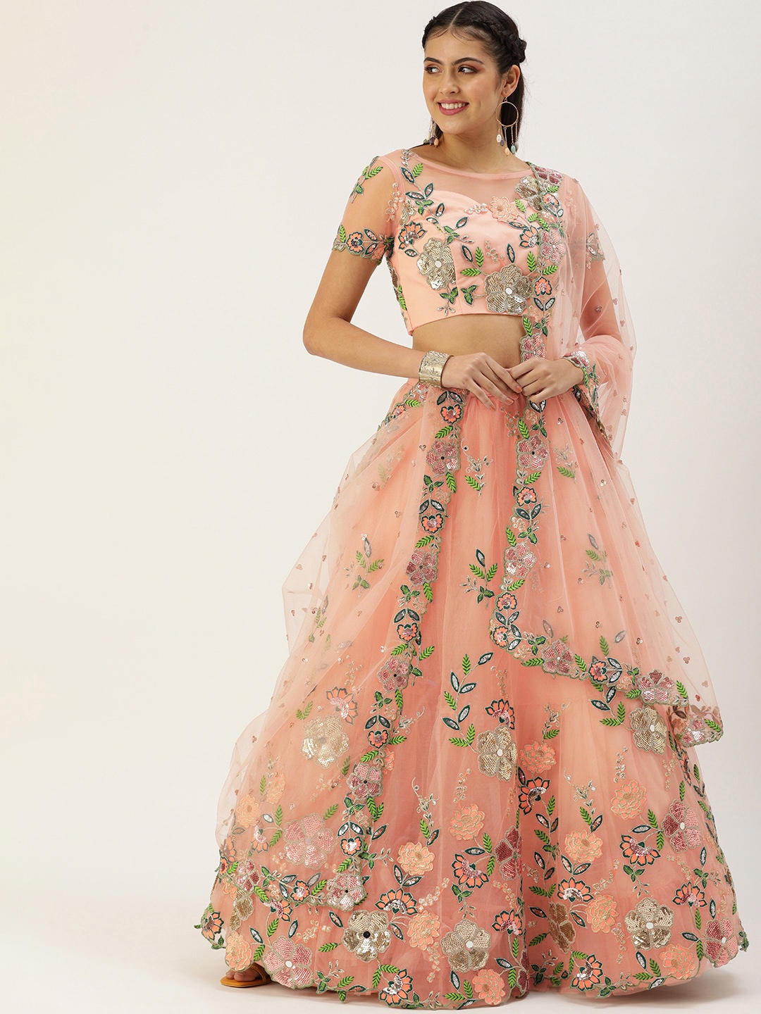 

panchhi Peach-Coloured Embroidered Sequinned Unstitched Lehenga & Blouse With Dupatta