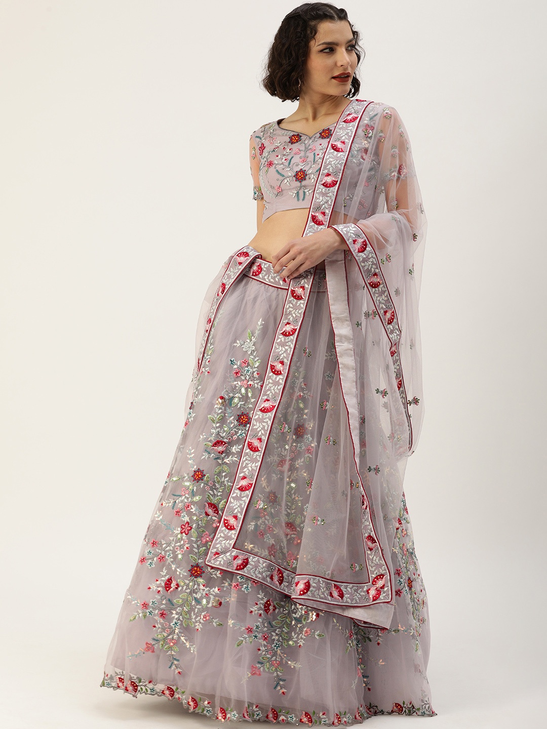 

panchhi Lavender & Red Embroidered Sequinned Unstitched Lehenga & Blouse With Dupatta