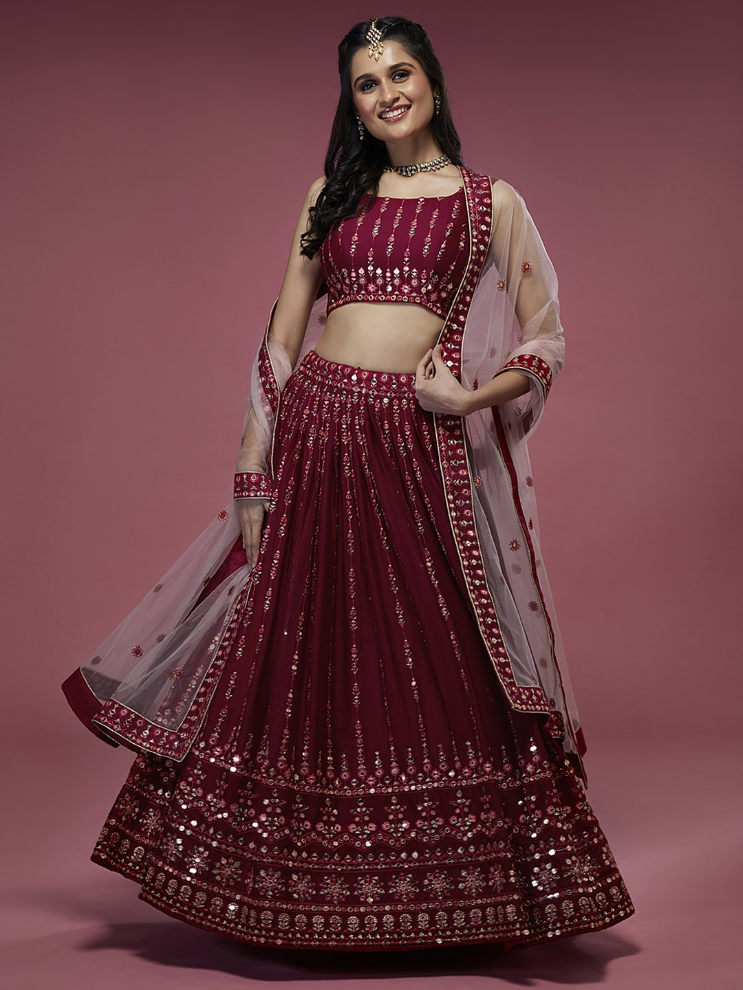 

panchhi Maroon Embroidered Sequinned Unstitched Lehenga & Blouse With Dupatta