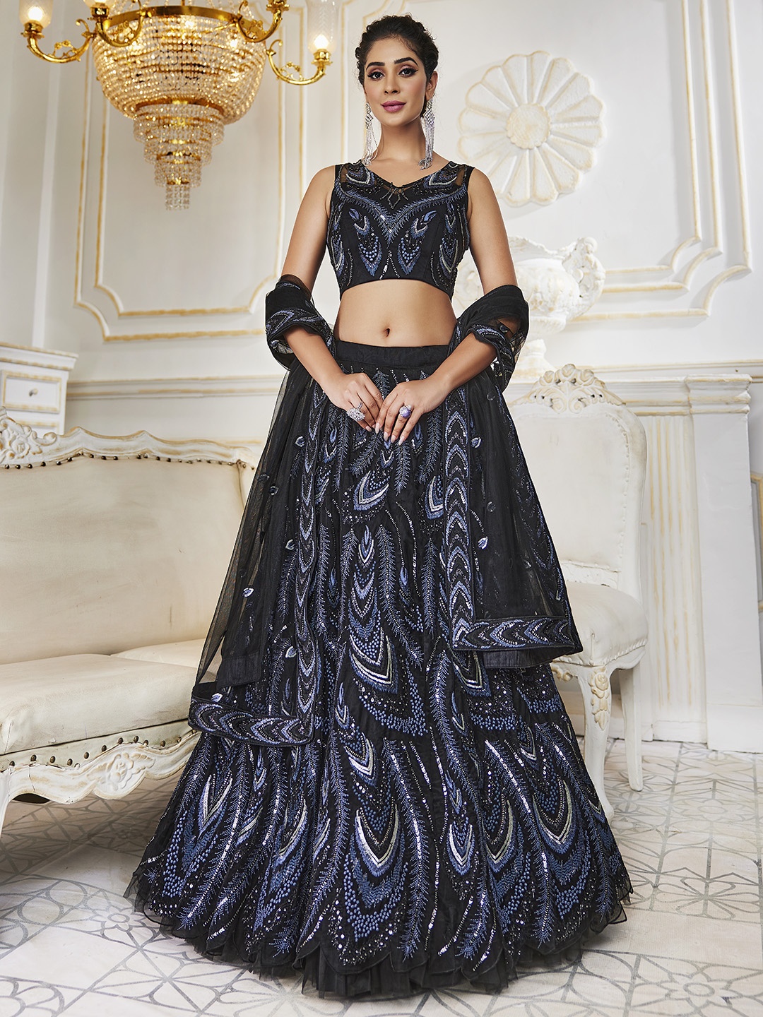 

panchhi Black Net Embroidered Sequinned Semi-Stitched Lehenga & Blouse With Dupatta