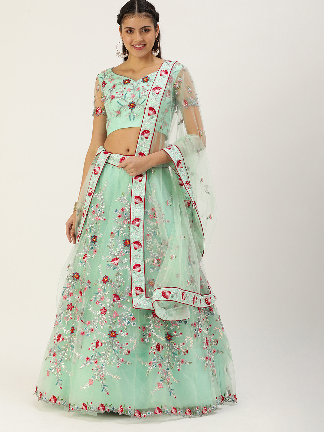 

panchhi Sea Green & Embroidered Sequinned Unstitched Lehenga & Blouse With Dupatta