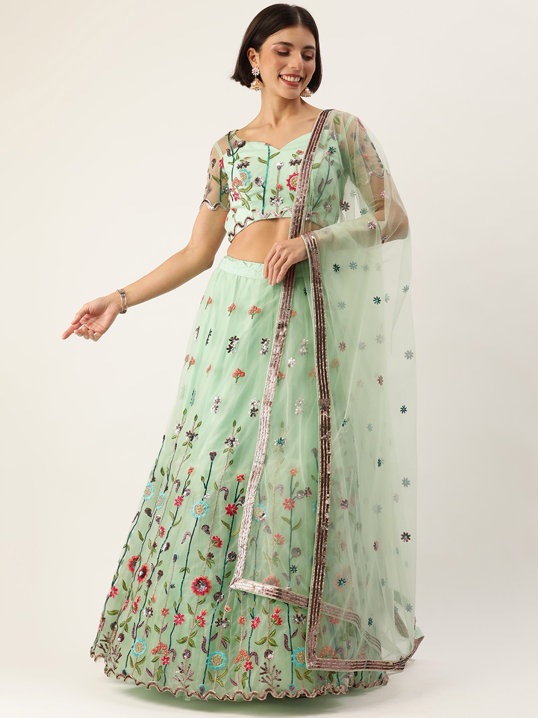 

panchhi Sea Green Embroidered Sequinned Unstitched Lehenga & Blouse With Dupatta