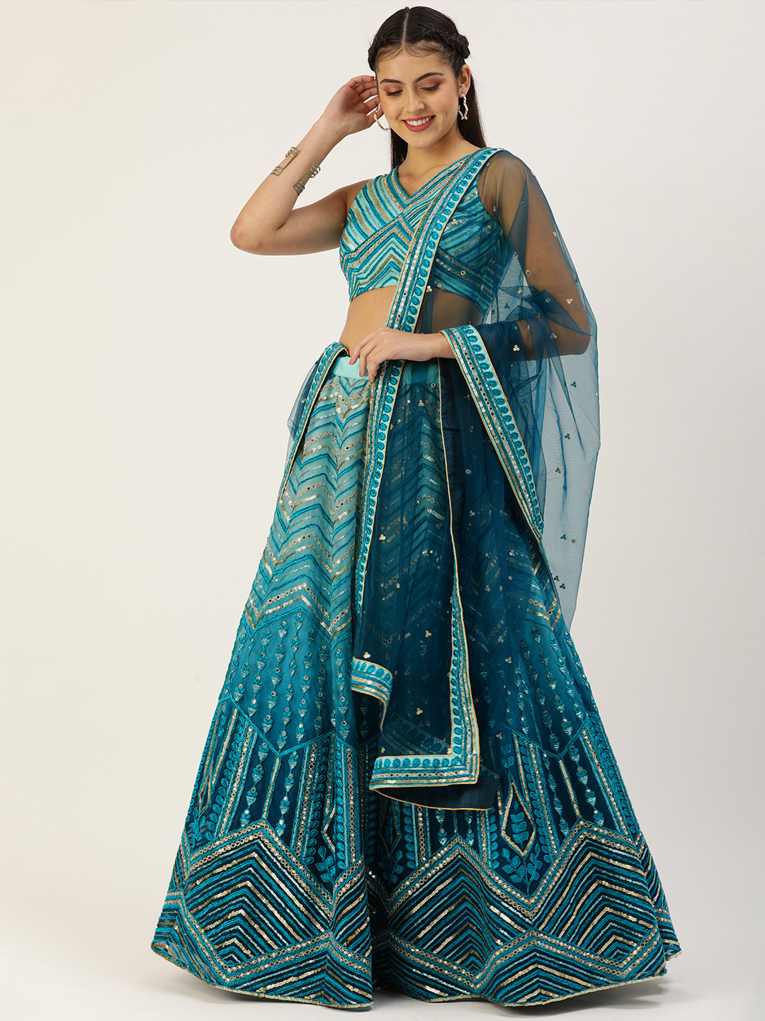 

panchhi Blue Embroidered Sequinned Unstitched Lehenga & Blouse With Dupatta