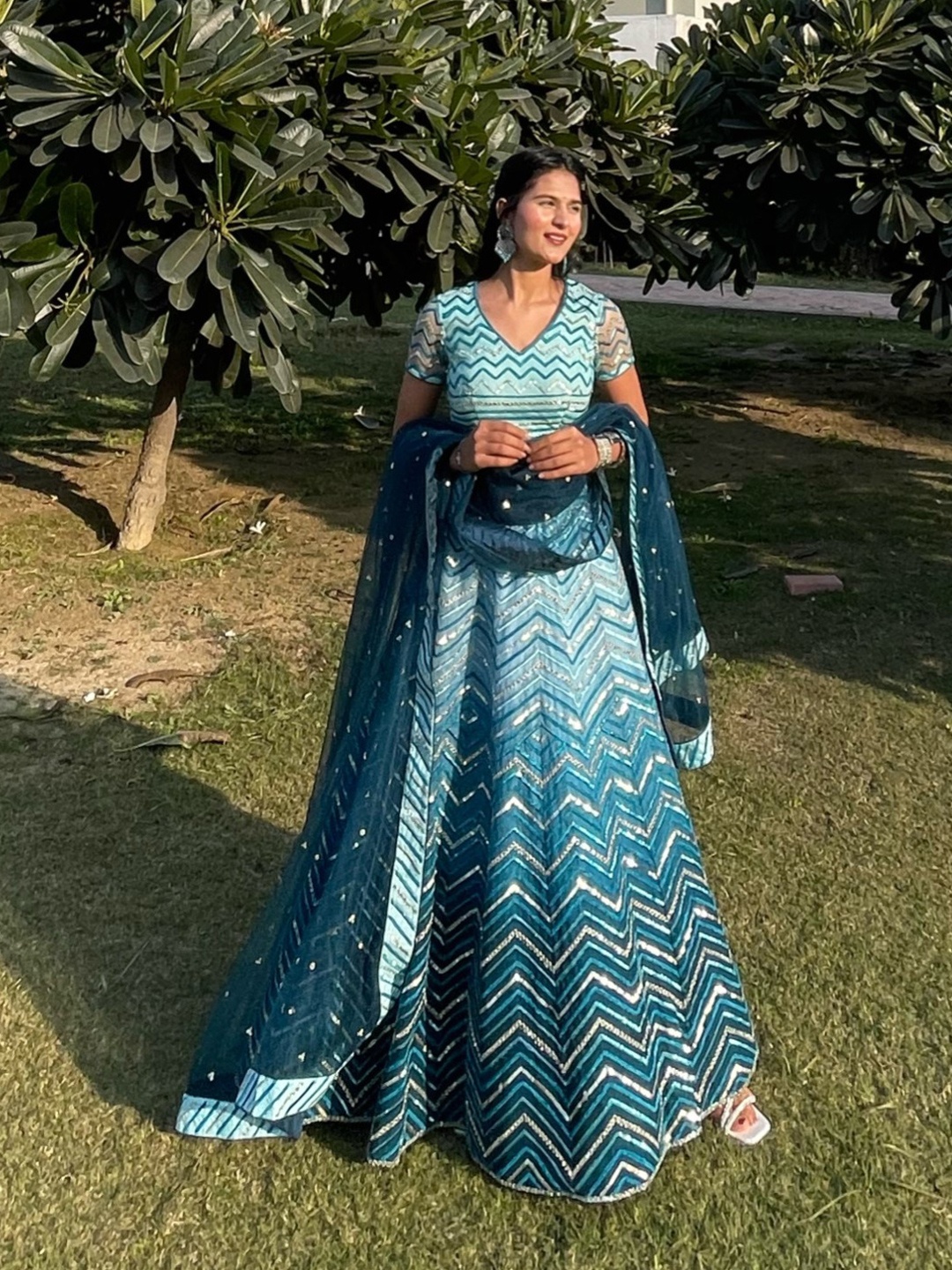 

panchhi Teal Embroidered Sequinned Unstitched Lehenga & Blouse With Dupatta