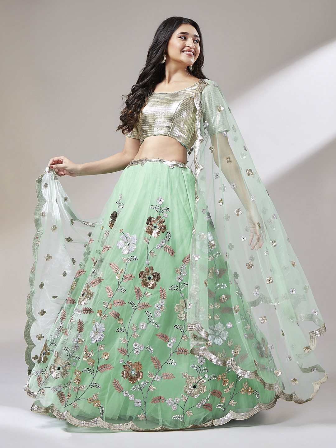 

panchhi Sea Green & Silver Embroidered Sequinned Unstitched Lehenga & Blouse With Dupatta