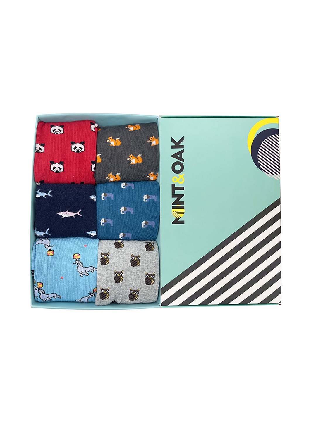 

Mint & Oak Cotton Set Of 6 Red & Blue Animal Kingdom Patterned Women Socks, Multi