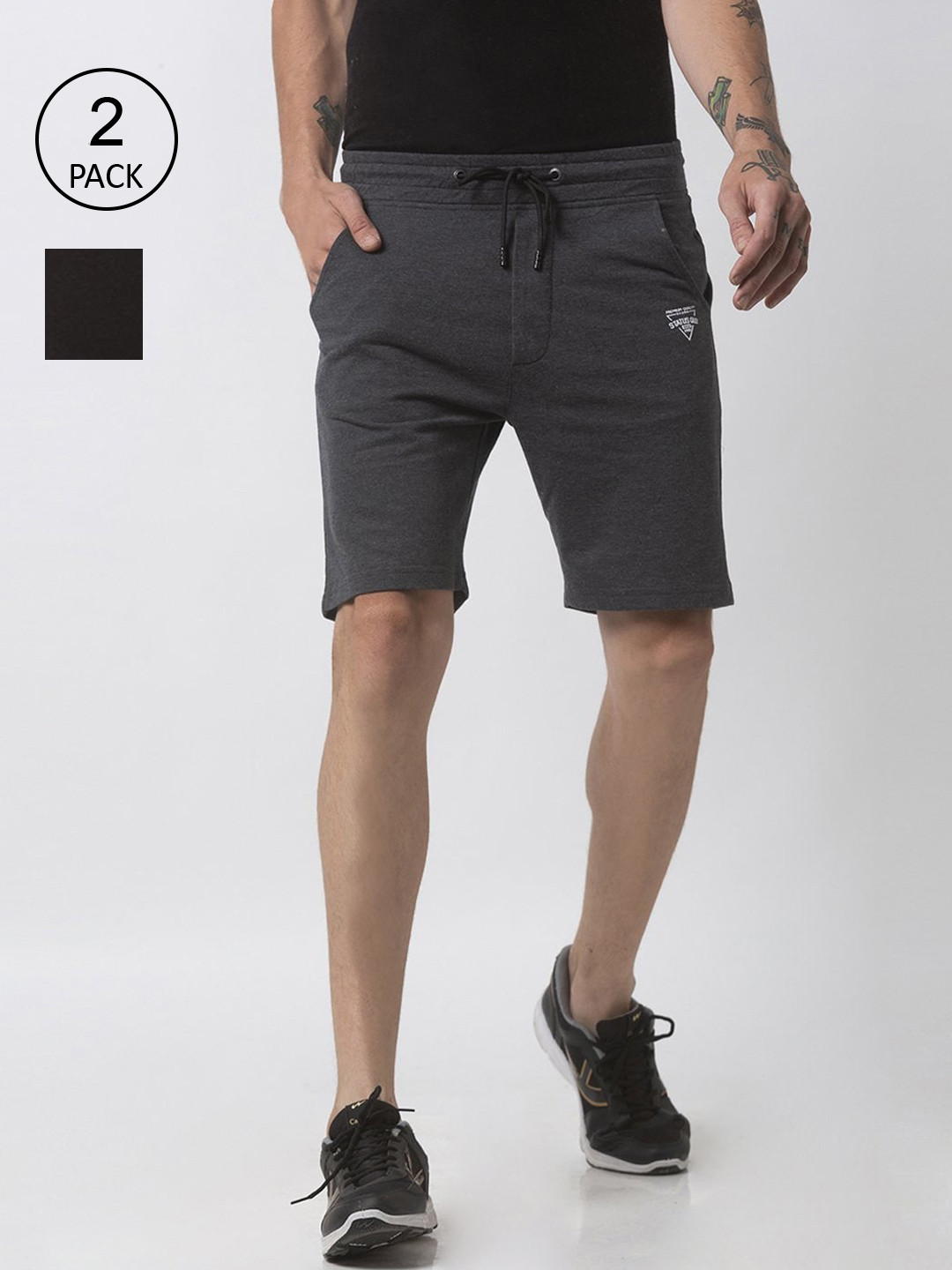 

Status Quo Men Grey and Black Pack of 2 Mid Rise Regular Fit Shorts