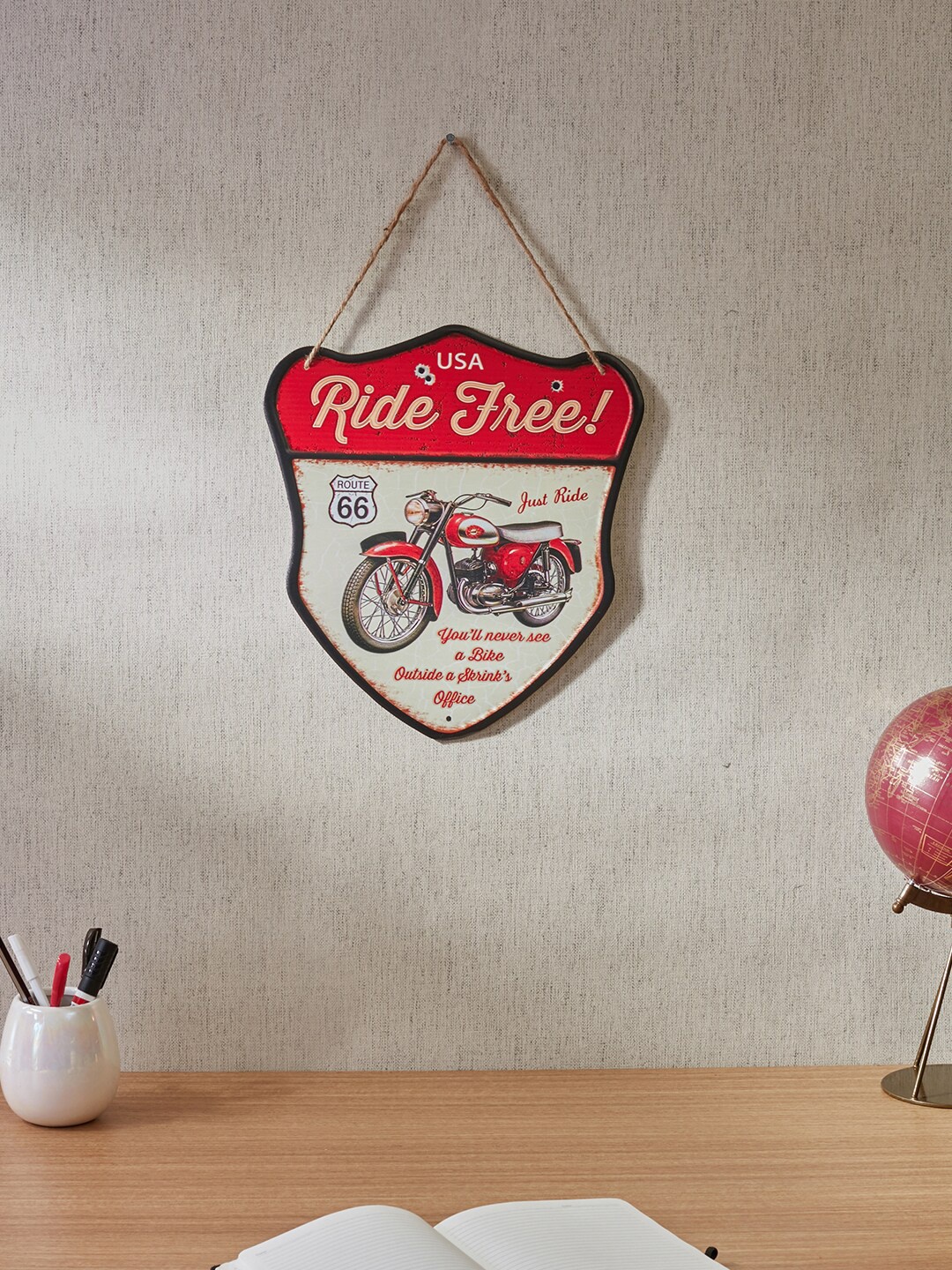 

HomeTown Route66 Ride Free Badge Metal Wall Decor, White