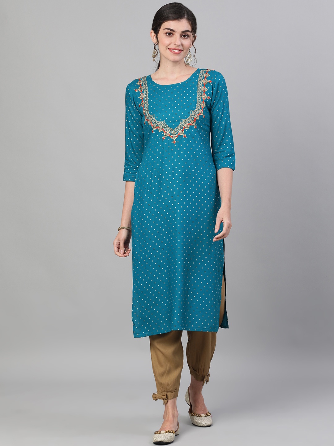 

GULMOHAR JAIPUR Women Teal Blue Ethnic Motifs Embroidered Straight Kurta