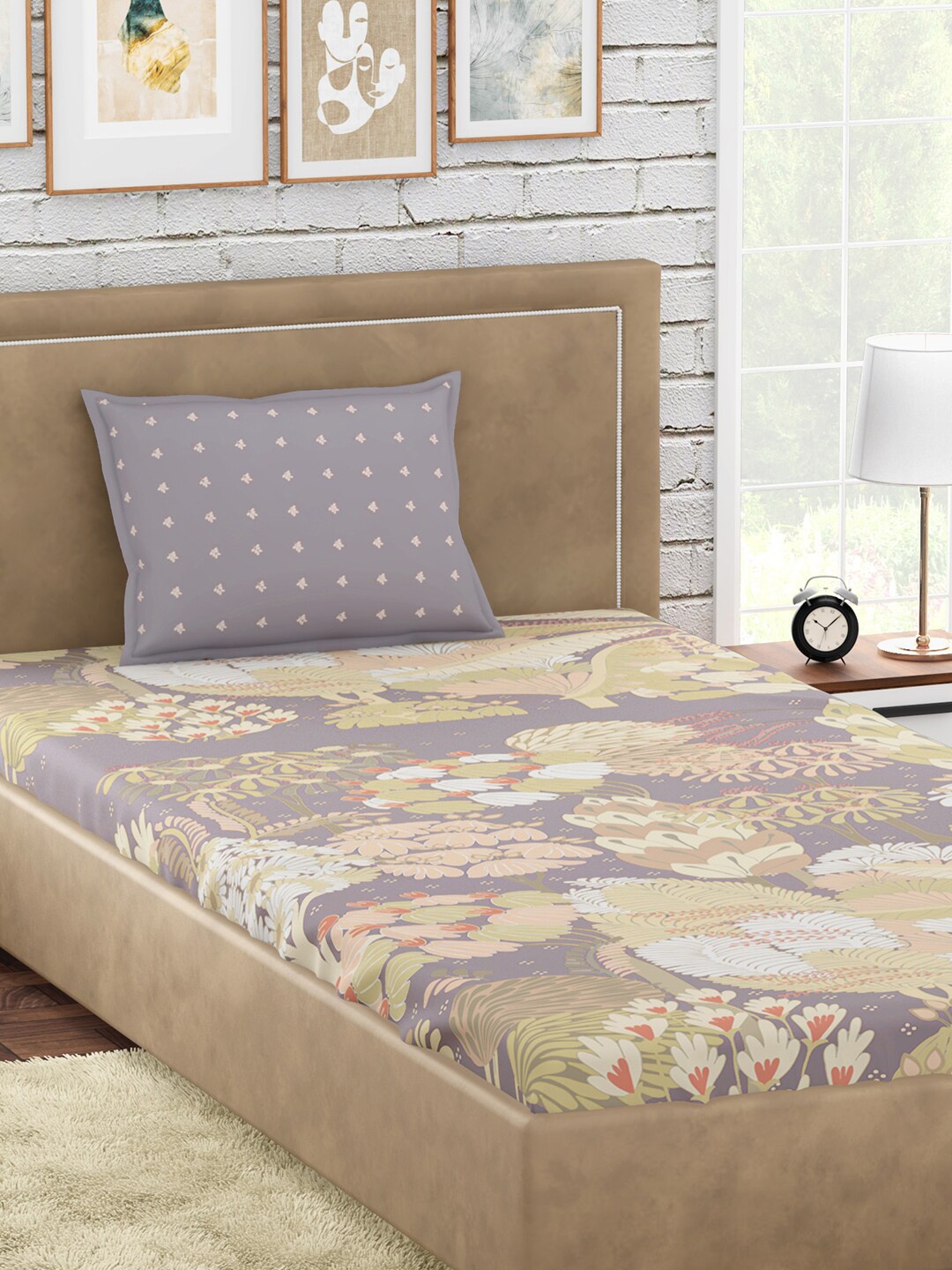 

PETAL HOME Acadia Grey 300 TC Pure Cotton Single Bedsheet with Pillow Cover