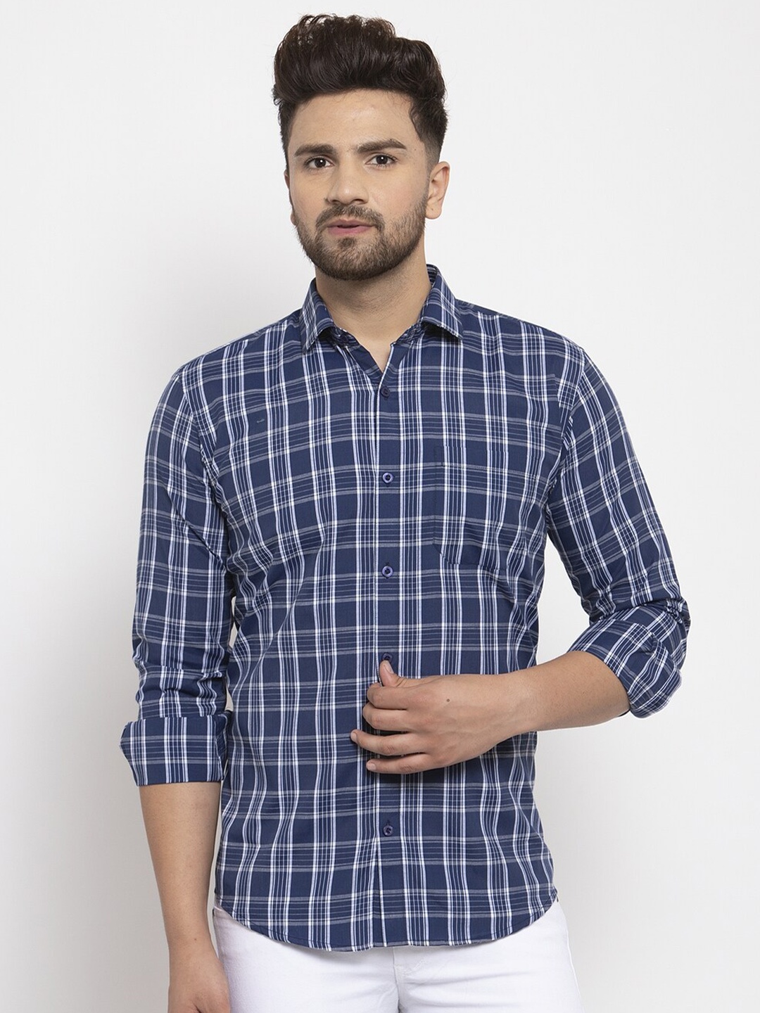 

JAINISH Men Blue & White Comfort Tartan Checks Checked Cotton Casual Shirt