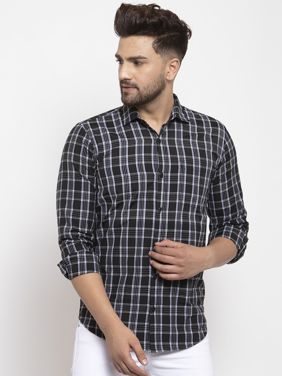 

JAINISH Men Black Comfort Tartan Checked Pure Cotton Casual Shirt