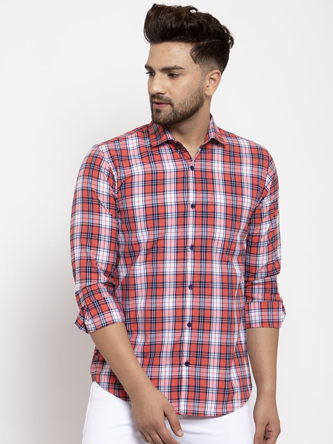 

JAINISH Men's Red & White Comfort Tartan Checks Checked Casual Shirt