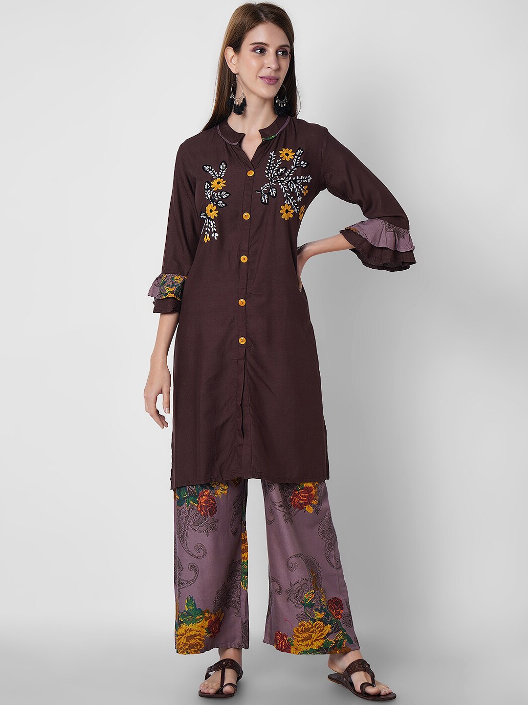 

Sanganeri Kurti Women Brown Floral Embroidered Thread Work Kurta with Palazzos