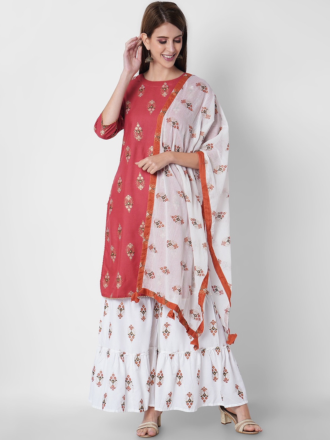 

Sanganeri Kurti Women Red Floral Embroidered Kurta with Palazzos & Dupatta
