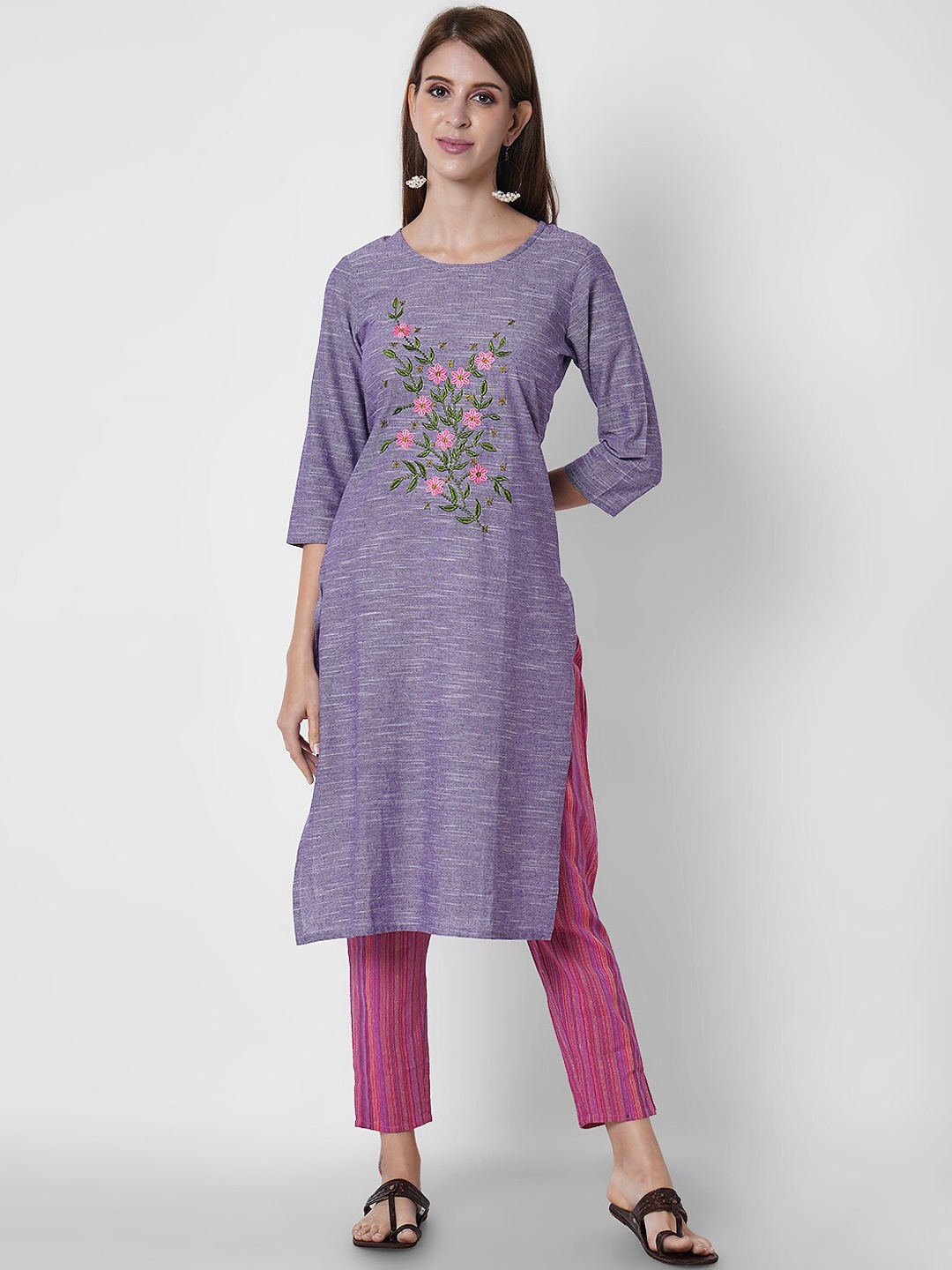 

Sanganeri Kurti Women Purple Printed Thread Work Pure Cotton Kurta with Trousers