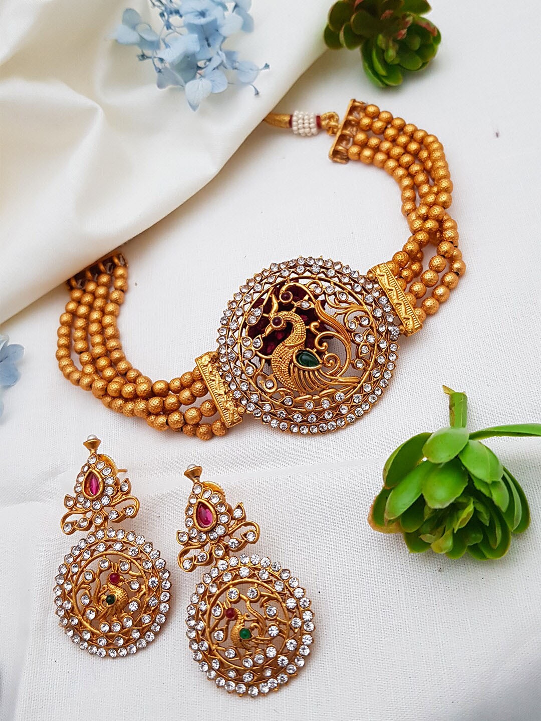

GRIIHAM Gold-Plated White & Green Stone-Studded & Pearl-Beaded Jewellery Set